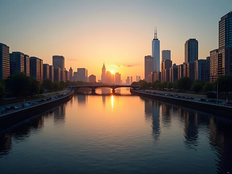A city skyline is reflected in a river at sunset