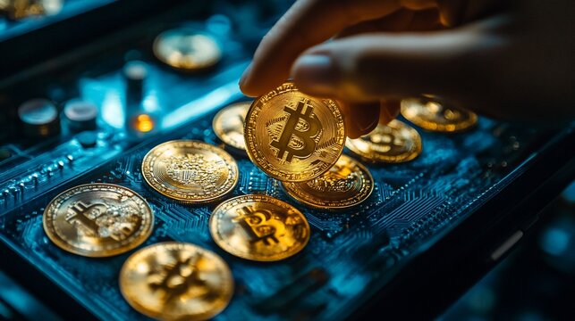 Hand holding a gold-colored Bitcoin coin over a circuit board