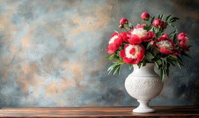 Red and white peonies in a white vase on a wooden table against a textured background