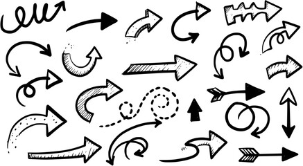 Hand drawn arrow set featuring curved, straight, dotted, and swirled arrows design, arrow vector for creative design, presentations, infographics, and decorative purposes