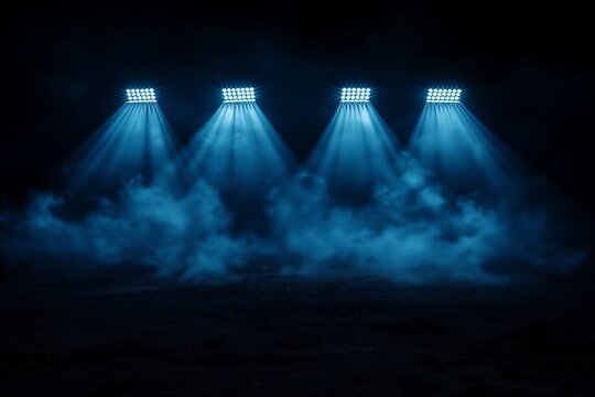 A haunting and cinematic nightscape featuring four blinding stadium lights piercing through the dark abyss. The beams illuminate rising plumes of smoke, casting dynamic shadows across the rough.