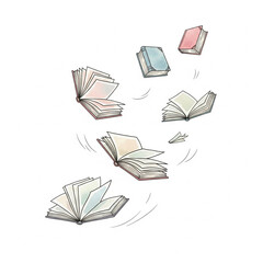watercolor illustration of several old books gently floating in mid-air