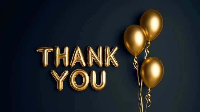 A minimalist yet elegant design with "THANK YOU" crafted in gleaming champagne gold foil balloons, arranged slightly toward the left side of a deep navy blue background.