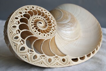 Intricate Carved Nautilus Shell, Spiral Design