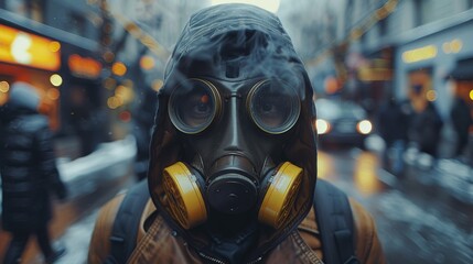 A mysterious figure wearing a gas mask stands amidst an urban setting, evoking feelings of uncertainty and concern for environmental issues and urban life.