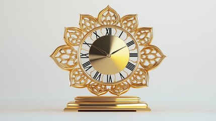 A stunning golden ornamental table clock with an intricate openwork floral backplate, resembling a blooming flower with petal-shaped cutouts.