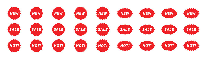 Starburst red sticker set ,red starburst price.  collection of special offer sale round and oval sunburst labels and buttons. Simple labels in flat style.