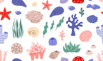 Seamless pattern Coral, seaweed and sea shells. Ocean exotic background with underwater seashells, plants, tropical coral-reef, starfish. Hand drawn vector illustration 