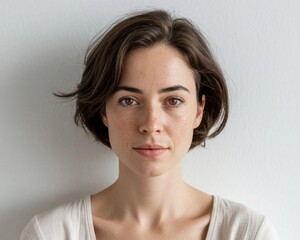 Fototapeta premium Young woman with short dark hair on white background looking at camera