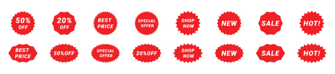 Set of vector red starburst, sunburst badges. Simple flat style vintage labels, stickers with sale discount text. Sale quality tags and labels. Template banner shopping badges. stock vector .