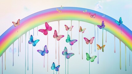 A surreal composition showcasing a vivid rainbow sweeping in an elegant arc across a dreamy pastel sky, its colors seamlessly blending into one another. Below the rainbow, fluid paint drips descend.