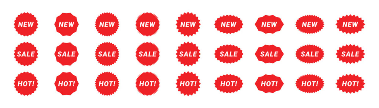 Starburst red sticker set ,red starburst price.  collection of special offer sale round and oval sunburst labels and buttons. Simple labels in flat style.
