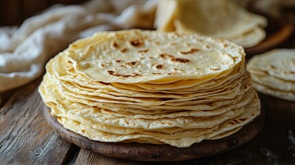 Neatly stacked tortillas placed on a wooden table. 