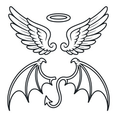 Angel and Devil Wings with Halo Outline Illustration for Good Versus Evil Concepts and Design Elements in Black and White