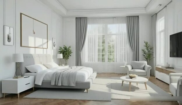 3D render animation of a contemporary white bedroom and living area  Natural light floods the space, which features a parquet floor, light gray cloth furnishings, and translucent white draperies.