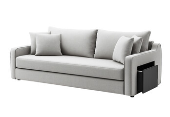 Fototapeta premium A light gray sofa with built-in storage and a side table, set against isolated on a transparent background, in PNG format.