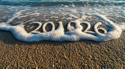 New Year 2026" written in the sand on a beach. 