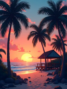 Tropical beach hut landscape with palm trees at sunset