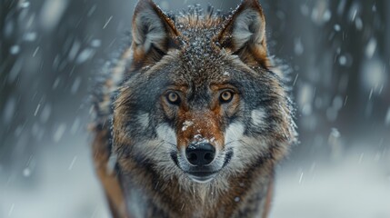 Fototapeta premium A powerful wolf standing strong amidst snowflakes in a winter landscape, embodying the spirit of the wild and the beauty of nature's harsh elements.