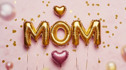 A vibrant scene with golden foil balloons spelling out "MOM" and a heart-shaped balloon, floating in a soft pink environment. Light confetti adds a festive touch to the image, while the shiny balloons
