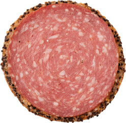 Peppered salami slice on a wooden board