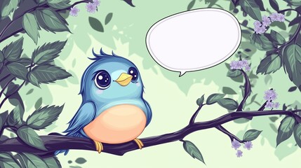 A whimsical classroom design featuring a sky blue bird with a soft peach belly, a tiny yellow beak, and big expressive eyes, sitting on a dark brown tree branch.
