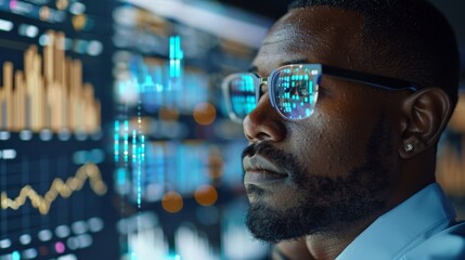 A focused man analyzes data on a digital screen, portraying determination and intelligence in the realm of finance and technology, signifying the modern workforce's analytical skills.
