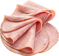 Close up view of sliced pink ham delicately folded and arranged in layers on a white background creating an appetizing and savory display