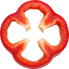 A cross section of a fresh vibrant red bell pepper sliced into a symmetrical ring shape revealing its crisp texture and bright color