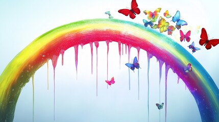 A visually captivating modern artwork featuring a beautifully curved rainbow with an ethereal glow, stretching across the sky. Thick, textured paint drips descend from the lower edge of the arc.