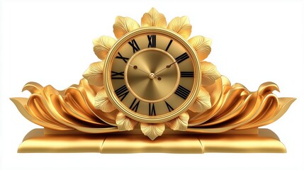 An artistic golden table clock with a mesmerizing floral-inspired frame, composed of symmetrical petal-like curves encircling a central reflective dial. 