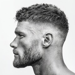 Man with textured crop haircut and beard style black and white profile view studio shot for men's grooming