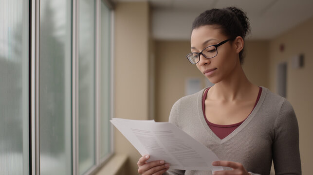 African American woman wearing glasses is reading documents while standing near large windows, with soft natural light illuminating the indoor space, reflecting concentration and focus