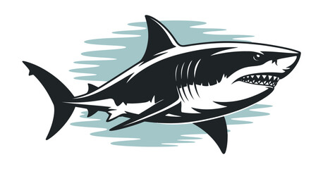 Stylized Great White Shark Illustration with Open Mouth and Visible Teeth Dark Gray and White Color Scheme on Light Blue Background