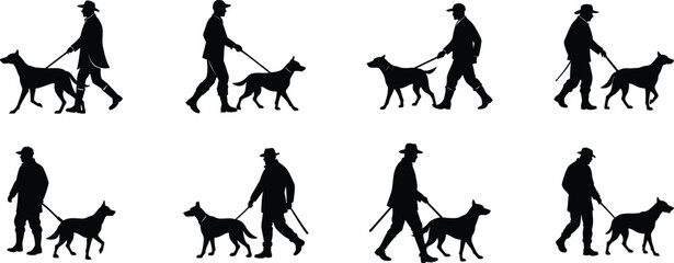 Silhouettes of man with hunting dog vector set on transparent background