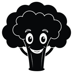 Happy broccoli character is showing a cheerful expression while it is standing alone in monochrome