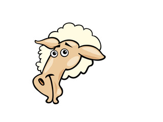 Funny Cartoon Sheep Head with Fluffy Wool and Expressive Eyes Smiling Gently