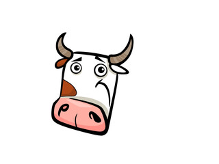 Cartoon Sad Cow Head Face with Big Eyes and Pink Nose Looking Confused