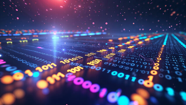 Futuristic digital data flow and binary code representation in glowing neon colors