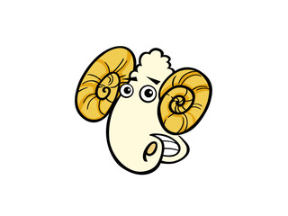 Funny Cartoon Ram Head with Big Curly Horns and Wide Eyes Expressing Surprise