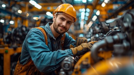 A smiling mechanic in a bright orange hard hat and workwear stands confidently in a bustling workshop, embodying dedication and skill in the automotive industry with passion.