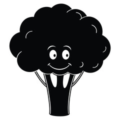 Happy broccoli vegetable character is smiling cheerfully, showcasing a simple monochrome design