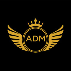 ADM Royal Golden Wing Logo with Crown and Initials - Premium Brand Identity Design on Black Background. ADM Letter Logo.
