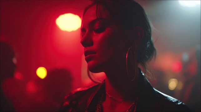 Immersed in the vibrant atmosphere of a nightclub, a young woman stands amidst the pulsating red lights and blurred silhouettes of other clubgoers, creating a cinematic scene of urban nightlife