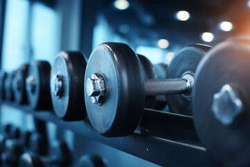 Fototapeta premium A row of black dumbbells are lined up on a rack. The dumbbells are all the same size and weight