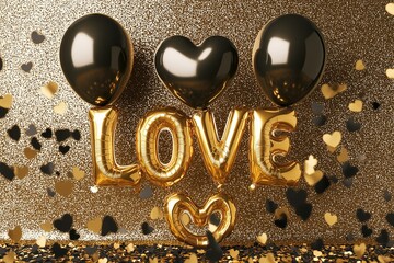 Metallic gold foil balloons forming the word "LOVE," with a heart balloon as the "O," floating against a shimmering gold and black gradient background. 