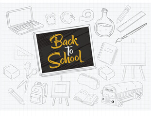 Back to School Chalkboard Surrounded by Sketches of School Supplies and Equipment on Grid Background