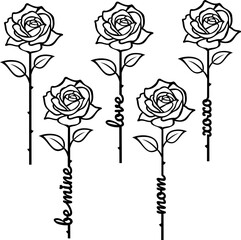 Topper SVG Bundle - Minimalist Black Line Roses with Be Mine XOXO Love Mom Phrases - Laser Cut Floral Cake Decor for Weddings DIY Digital Files
