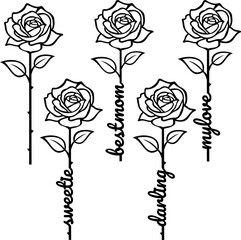 Topper SVG Bundle - Minimalist Black Line Roses with My love, Best mom, Sweetie, Darling Phrases - Laser Cut Floral Cake Decor for Weddings DIY Digital Files
