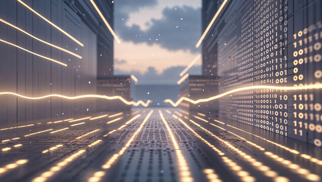 Futuristic digital tunnel with binary code and glowing light effects representing data flow